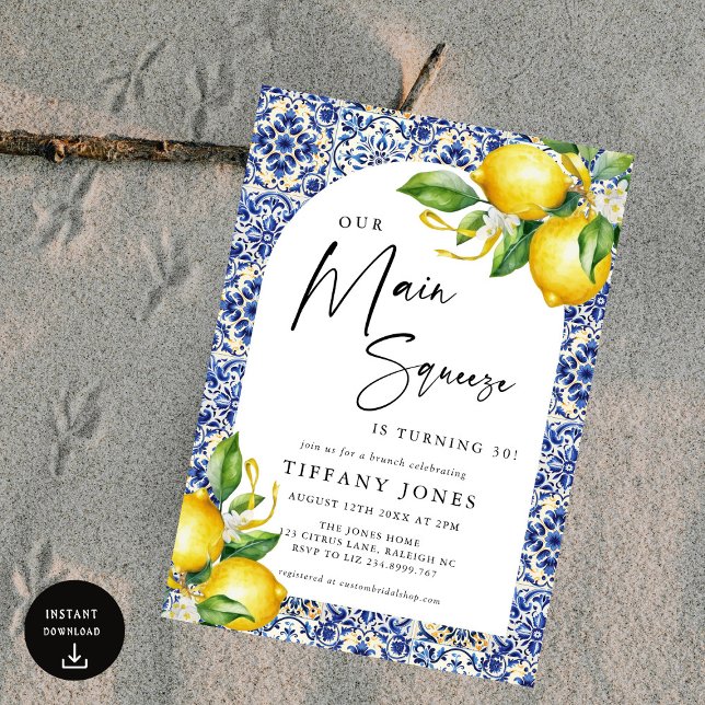 Mediterranean Blue Tiles Lemons 30th Birthday Invitation (Creator Uploaded)