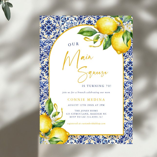 Mediterranean Blue Tiles Lemons 70th Birthday Invitation (Creator Uploaded)