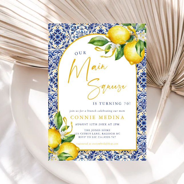 Mediterranean Blue Tiles Lemons 70th Birthday Invitation (Creator Uploaded)