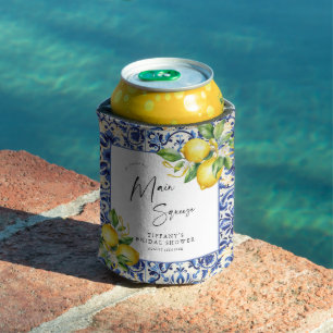 Mediterranean Blue Tiles Lemons Bridal Shower Can Cooler