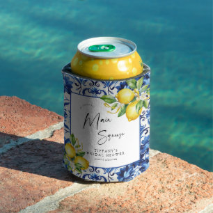 Mediterranean  Blue Tiles Lemons Bridal Shower Can Cooler