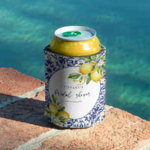 Mediterranean  Blue Tiles Lemons Bridal Shower Can Cooler