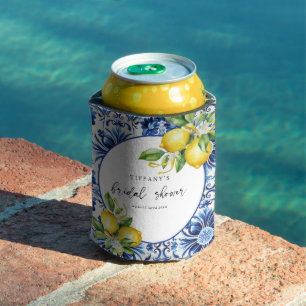 Mediterranean Blue Tiles Lemons Bridal Shower Can Cooler