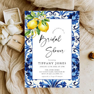Mediterranean Blue Tiles Lemons Bridal Shower Invitation