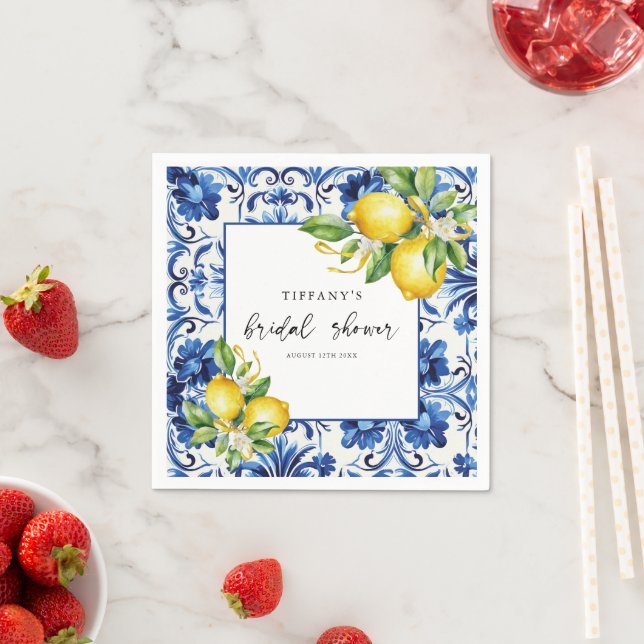 Mediterranean  Blue Tiles Lemons Bridal Shower Nap Napkin (Insitu)