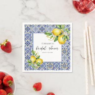 Mediterranean  Blue Tiles Lemons Bridal Shower Napkin