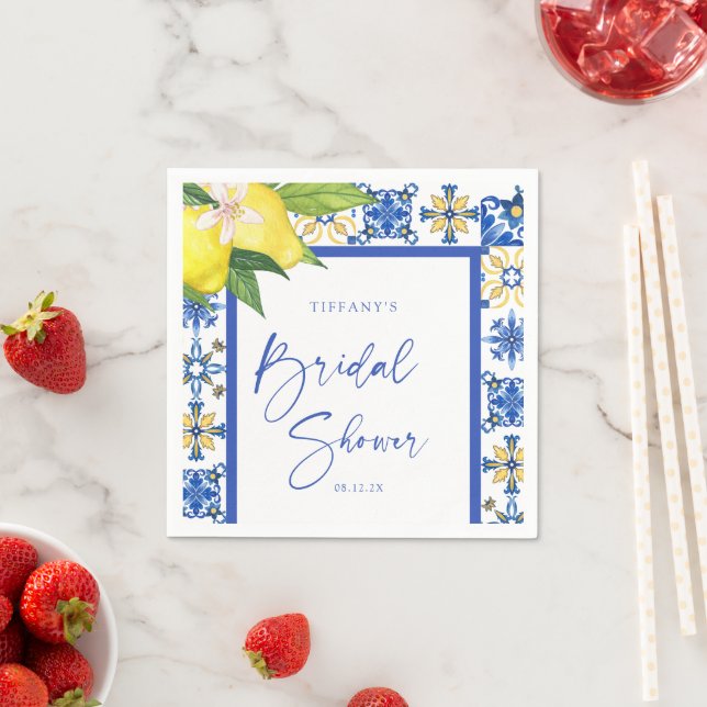 Mediterranean Blue Tiles Lemons Bridal Shower Napkin (Insitu)