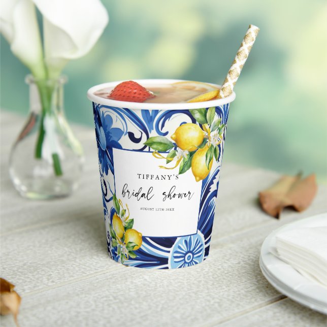 Mediterranean  Blue Tiles Lemons Bridal Shower Paper Cups (Insitu)