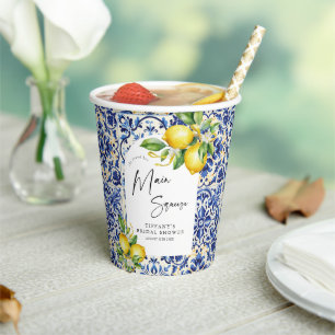 Mediterranean Blue Tiles Lemons Bridal Shower Paper Cups