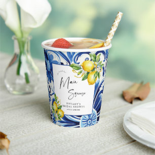Mediterranean  Blue Tiles Lemons Bridal Shower Paper Cups