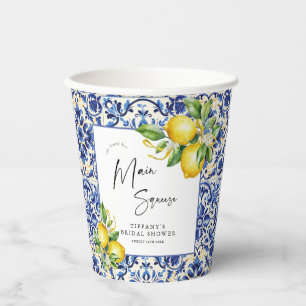Mediterranean Blue Tiles Lemons Bridal Shower Paper Cups