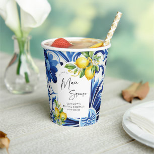 Mediterranean Blue Tiles Lemons Bridal Shower Paper Cups