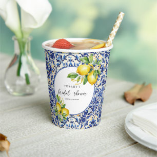 Mediterranean  Blue Tiles Lemons Bridal Shower Paper Cups