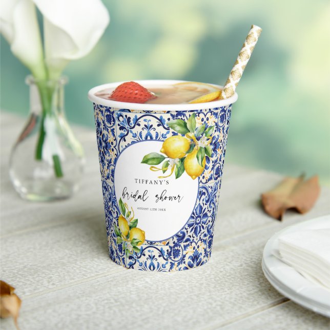 Mediterranean  Blue Tiles Lemons Bridal Shower Paper Cups (Insitu)