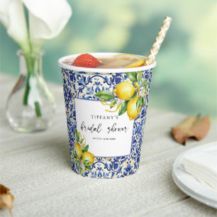 Mediterranean Blue Tiles Lemons Bridal Shower Paper Cups