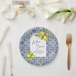Mediterranean  Blue Tiles Lemons Bridal Shower Paper Plate