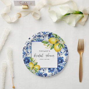Mediterranean  Blue Tiles Lemons Bridal Shower Paper Plate