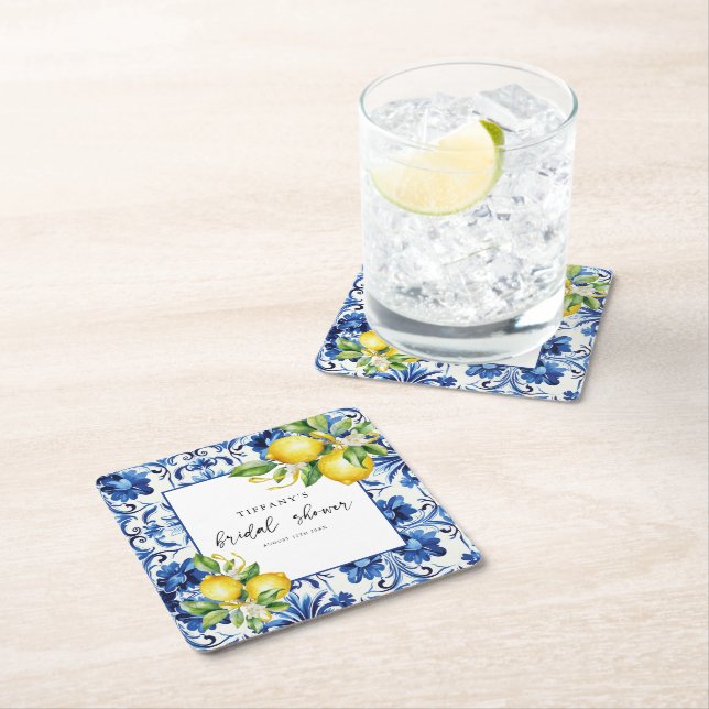 Mediterranean  Blue Tiles Lemons Bridal Shower Square Paper Coaster (Insitu)