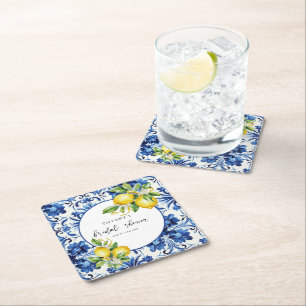 Mediterranean  Blue Tiles Lemons Bridal Shower Square Paper Coaster