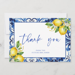 Mediterranean Blue Tiles Lemons Bridal Shower Thank You Card