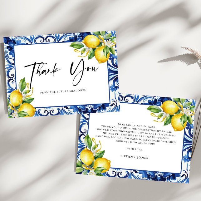 Mediterranean  Blue Tiles Lemons Bridal Shower Thank You Card (Creator Uploaded)