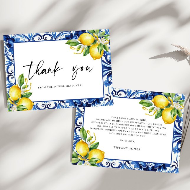 Mediterranean  Blue Tiles Lemons Bridal Shower Thank You Card (Creator Uploaded)
