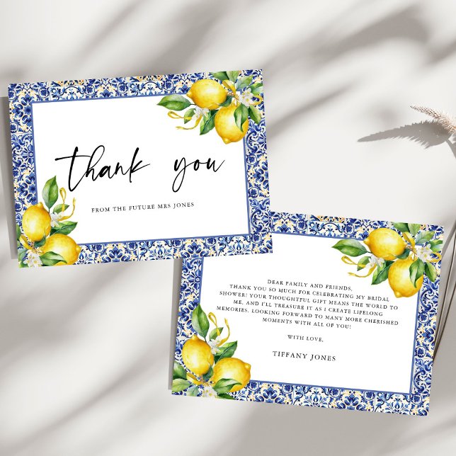 Mediterranean  Blue Tiles Lemons Bridal Shower Thank You Card (Creator Uploaded)