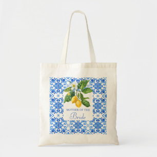 Mediterranean blue tiles lemons mother bride tote bag