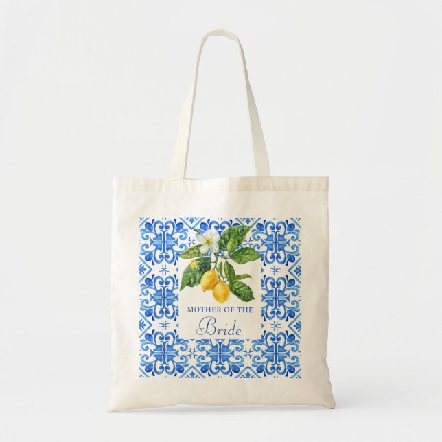 Mediterranean blue tiles lemons mother bride tote bag (Front)