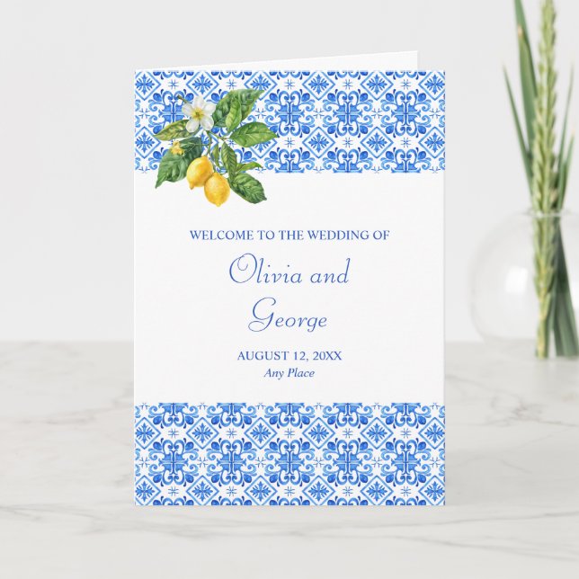 Mediterranean blue tiles lemons wedding programme  (Front)