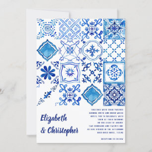 Mediterranean Blue Tiles Modern Watercolor Italy Invitation