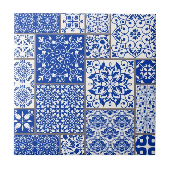 Mediterranean Blue & White Azulejo Majolica Mosaic Tile (Front)