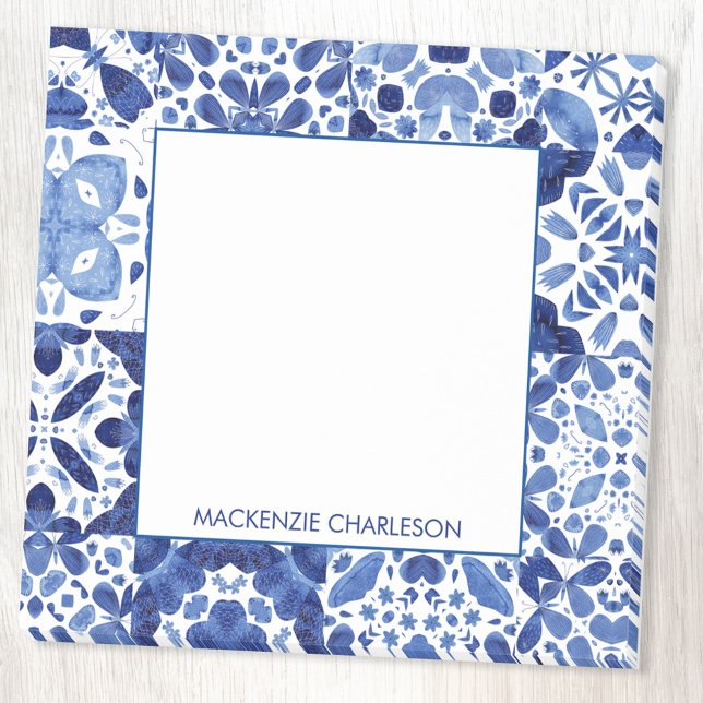 Mediterranean Blue White Tile Pattern Personalised Post-it Notes (Indigo blue and white Mediterranean ceramic tile pattern personalized custom name Post-It notes)