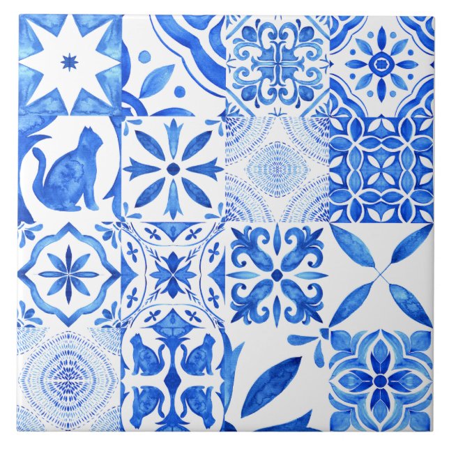 Mediterranean Blue White Tile Pattern Watercolor  (Front)