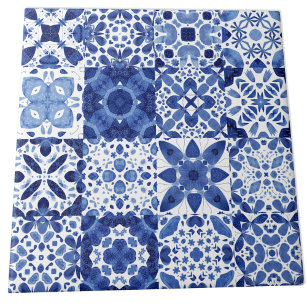 Mediterranean Blue White Tile Pattern Watercolor
