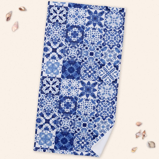 Mediterranean Blue White Tile Pattern Watercolor Beach Towel (Blue and white watercolor 
Mediterranean tile pattern beach towel)