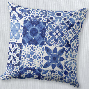 Mediterranean Blue White Tile Pattern Watercolor Cushion