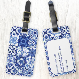 Mediterranean Blue White Tile Pattern Watercolor Luggage Tag