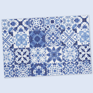 Mediterranean Blue White Tile Pattern Watercolor Pillowcase