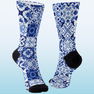 Mediterranean Blue White Tile Pattern Watercolor Socks