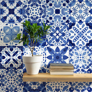 Mediterranean Blue White Tile Watercolor Wallpaper