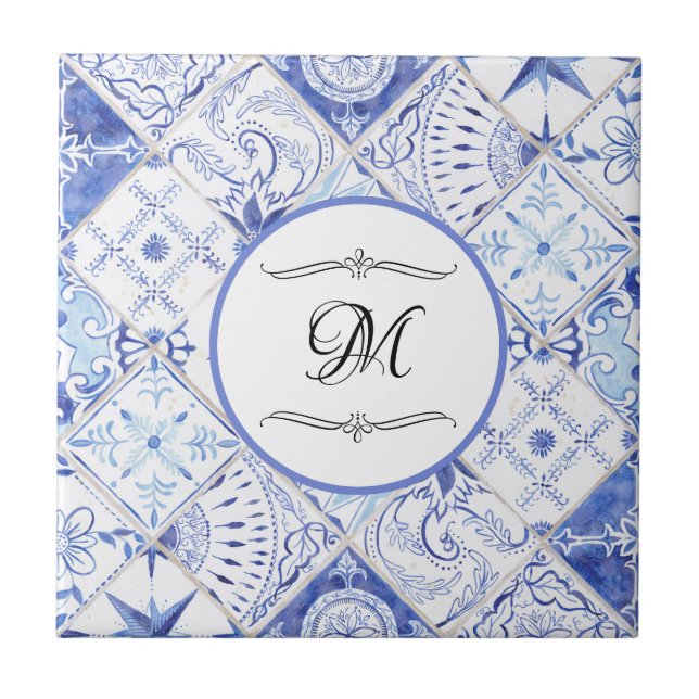 Mediterranean Blue White Vintage Kitchen Monogram Tile (Front)