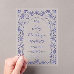 Mediterranean Blue Wildflower Line Art Wedding Acrylic Invitations