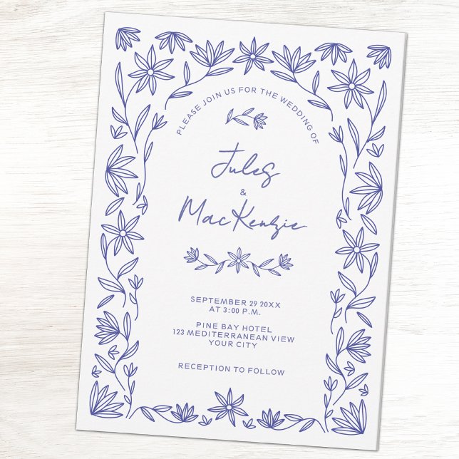 Mediterranean Blue Wildflower Line Art Wedding Invitation (Mediterranean wildflower line art blue and white wedding invitation)