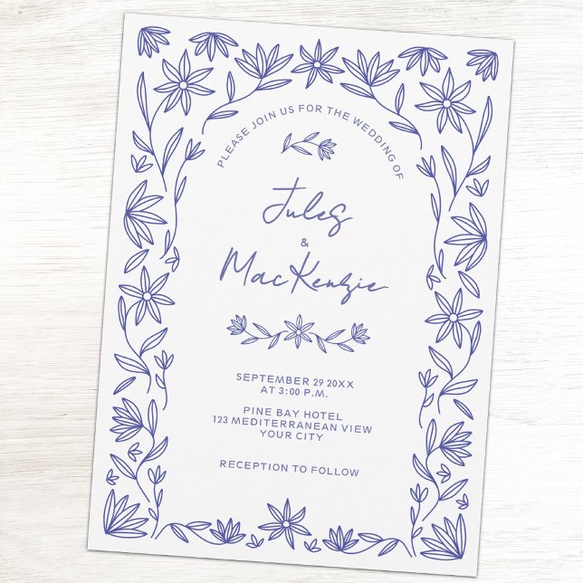 Mediterranean Blue Wildflower QR Code Wedding Invitation (Mediterranean floral blue and white QR code wedding invitaiton)