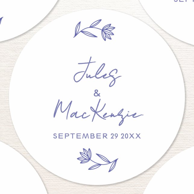 Mediterranean Blue Wildflower Wedding Classic Round Sticker (Mediterranean wildflower blue and white wedding stickers)