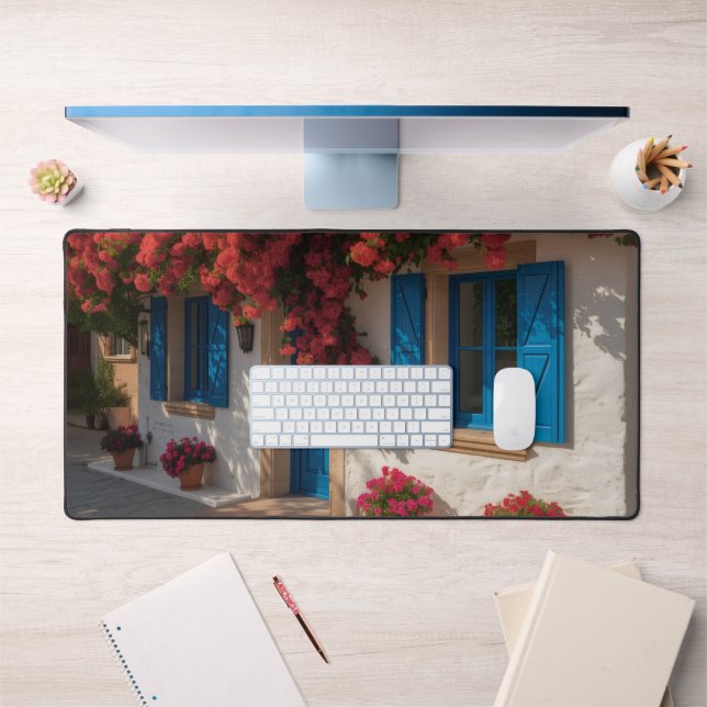 Mediterranean Blue Window Floral House Desk Mat (Office 1)