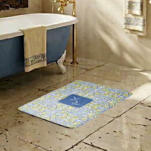 Mediterranean Blue & Yellow Lemon Tile Pattern Bath Mat
