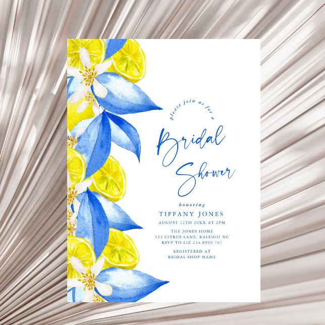 Mediterranean Blue Yellow Lemons Bridal Shower Invitation (Creator Uploaded)
