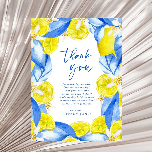 Mediterranean Blue Yellow Lemons Bridal Shower Thank You Card (Creator Uploaded)